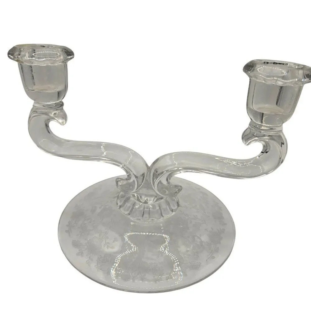 Vintage Clear Etched Glass Dual Candle Holder Floral Design